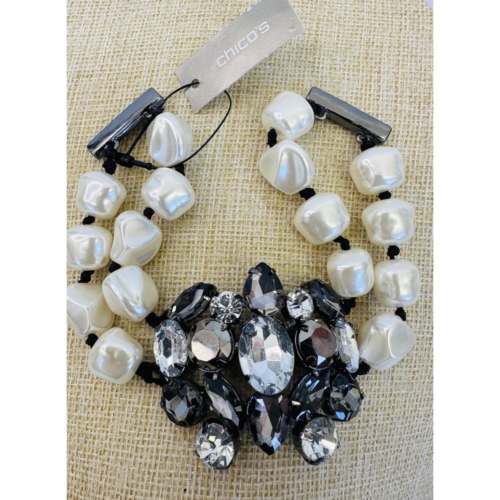 NWT Chico's Designer Rhinestone And Faux‎ Pearl Magnetic Clasp Bracelet 8"